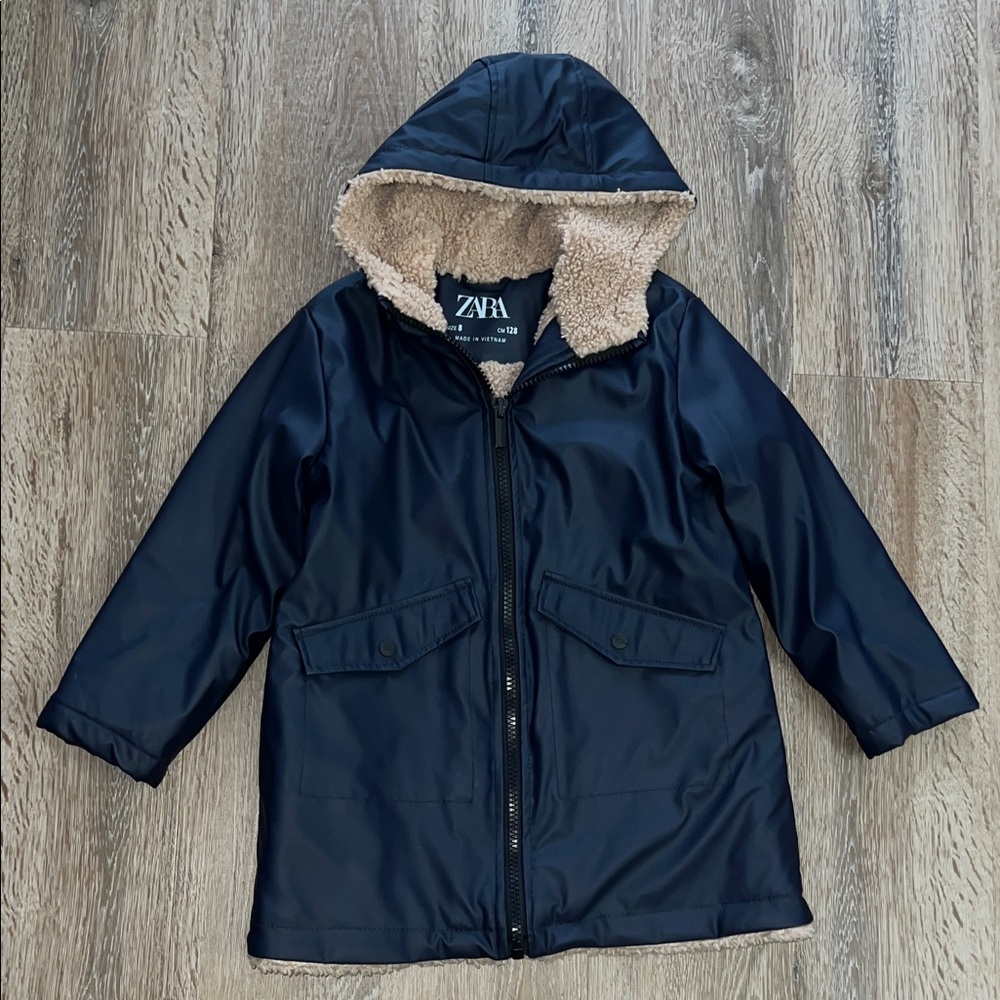 Zara Kids Dark Blue Raincoat with Faux Fur Lining